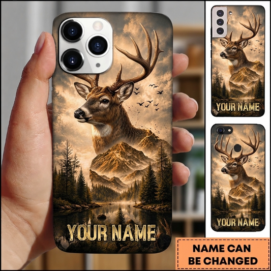Maxcorners Hunting Deer Vintage Golden Mountain Forest Customized Name Phone Case
