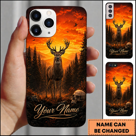 Maxcorners Hunting Majestic Deer Fiery Orange Sunset Mountain Forest Skull Customized Name Phone Case