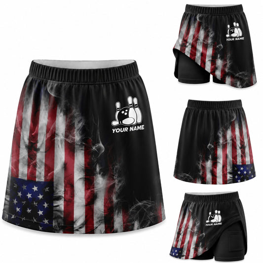 Maxcorners Bowling Distressed American Flag Personalized 3D Skort, Skirts With Shorts
