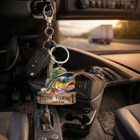 Maxcorners Fishing Keychain Cute Bass Fish With Goggles Hat Gone Fishing Wooden Board Personalized Name 2D Keychain
