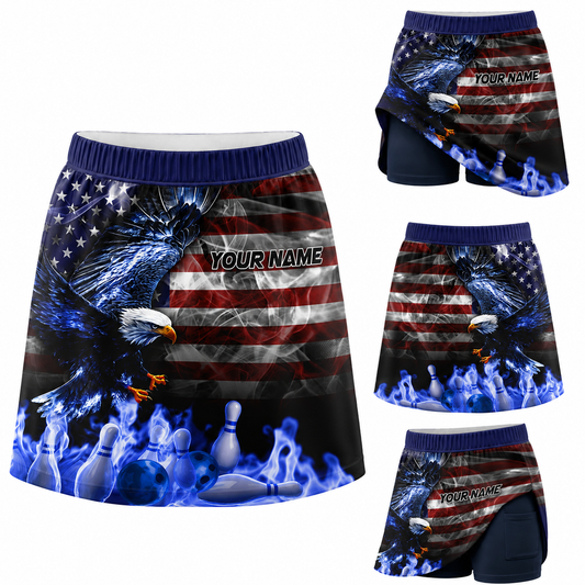 Maxcorners Bowling Electric Eagle American Flag Personalized 3D Skort, Skirts With Shorts