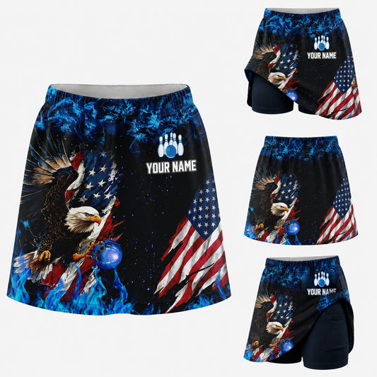 Maxcorners Bowling Patriotic Eagle American Flag Personalized 3D Skort, Skirts With Shorts