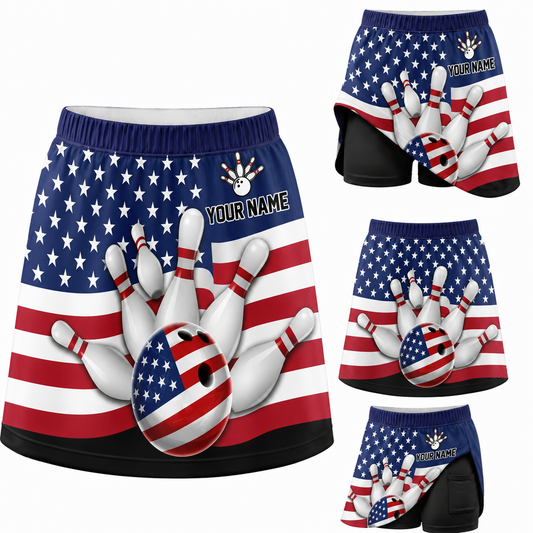Maxcorners Bowling Patriotic Pins And Ball Personalized 3D Skort, Skirts With Shorts