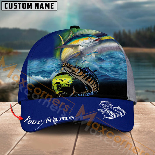 Maxcorners Fishing Blue Pattern Multicolor Personalized Name 3D Cap