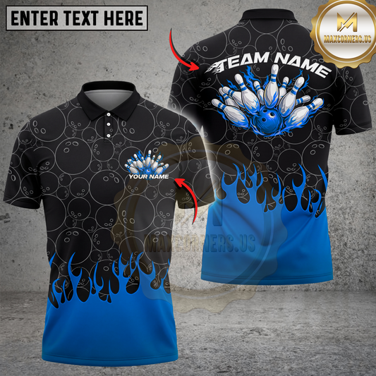 Maxcorners Bowling Shirt Flaming Ball Strike Explosion Pins Graphic Multicolor Options Personalized Name, Team Name 3D Shirt (4 Colors)