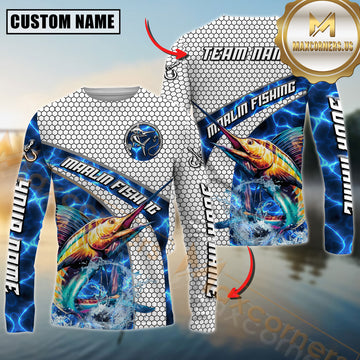 Maxcorners Marlin Fishing Honeycomb Electric Water Splash Personalized Name, Team Name Long Sleeve Shirt