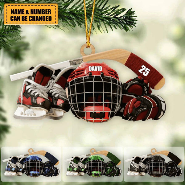 Maxcorners Personalized Hockey Skates Helmet And Stick Christmas Ornament For Hockey Lover