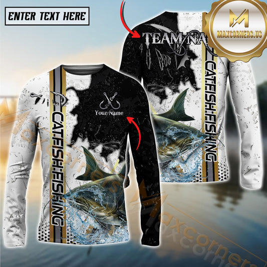 Maxcorners Catfish Fishing Split Grunge Splash Design Personalized Name, Team Name Long Sleeve Shirt
