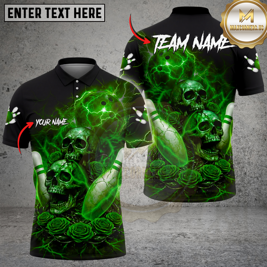 Maxcorners Bowling Shirt Lightning Skull Roses Dark Gothic Style Multicolor Options Personalized Name, Team Name 3D Shirt (4 Colors)