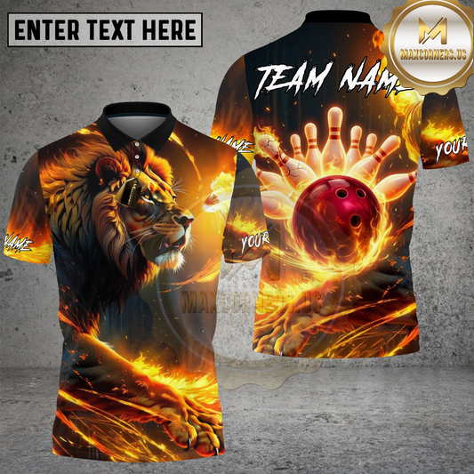 Maxcorners Lion Bowling Fire Strike Flame Art Multicolor Options Personalized Name, Team Name 3D Shirt (4 Colors)
