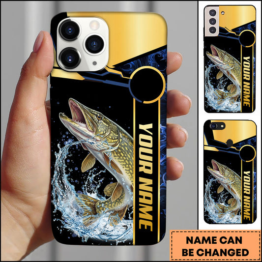 Maxcorners Pike Fishing Black Gold Tech Frame Water Splash Personalized Name Phone Case