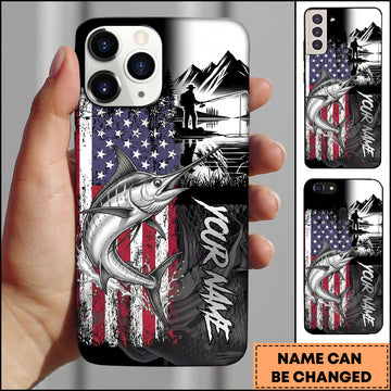 Maxcorners Marlin Fishing Patriotic USA Flag Mountain Angler Silhouette Personalized Name Phone Case