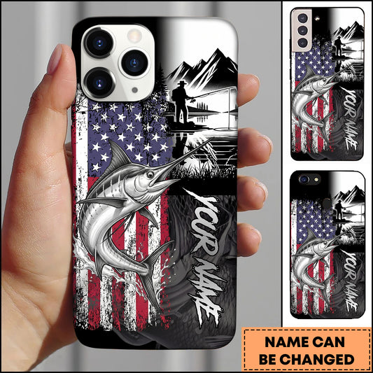 Maxcorners Marlin Fishing Patriotic USA Flag Mountain Angler Silhouette Personalized Name Phone Case
