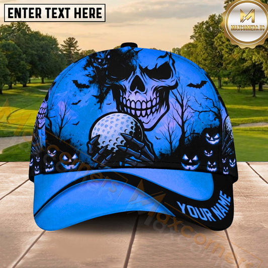 Maxcorners Golf Halloween Skull Holding Golf Ball Spooky Pumpkin Personalized Name 3D Classic Cap