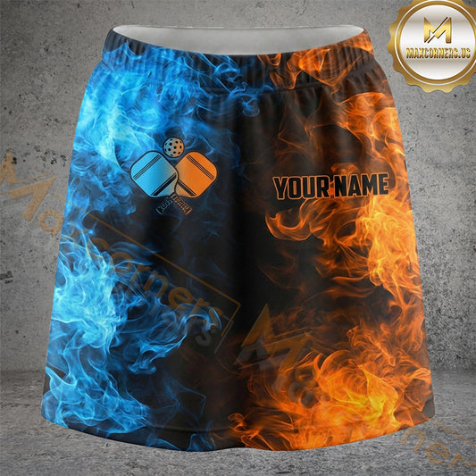 Maxcorners Pickleball Blue Orange Fire Ice Split Personalized 3D Skort, Skirts With Shorts