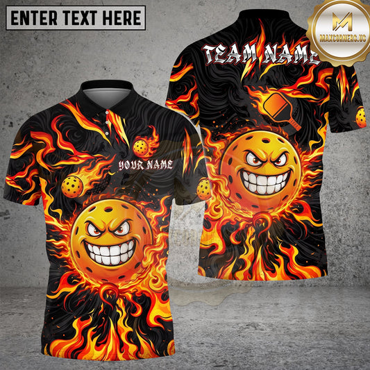 Maxcorners Pickleball Polo Angry Flaming Ball Character Multiple Options Personalized Name, Team Name 3D Shirt