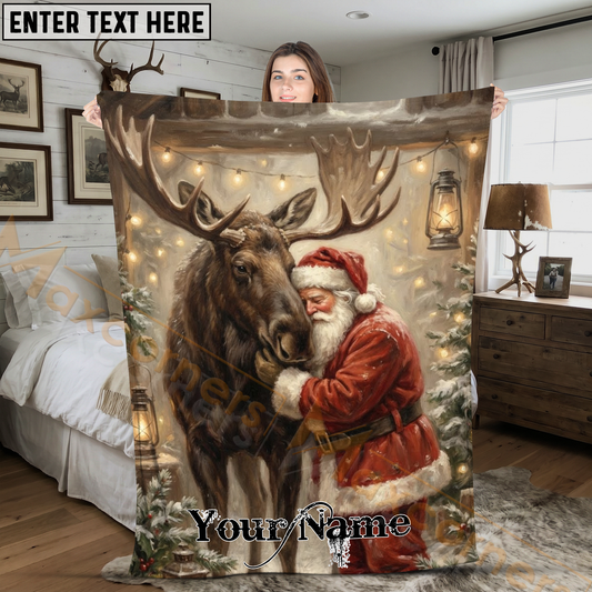 Maxcorners Cozy Christmas Santa Claus Hugging Big Moose Winter Cabin Personalized 3D Blanket