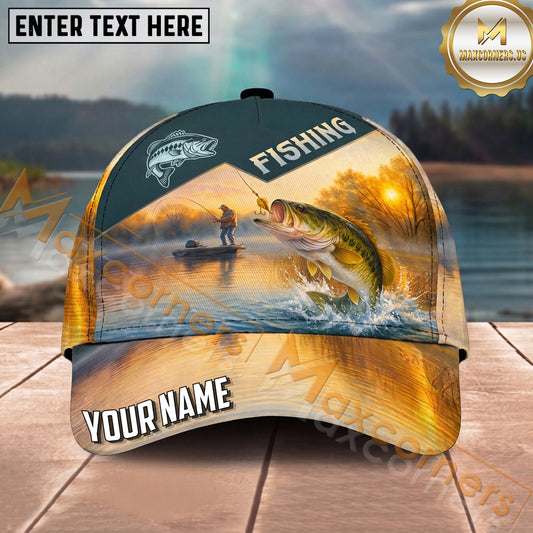Maxcorners Fishing Sunset Lake Angler Personalized Name 3D Cap (12 Fish Species)
