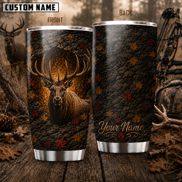 Maxcorners Hunting Elk Pinecone Autumn Leaves Personalized Name 3D Tumbler
