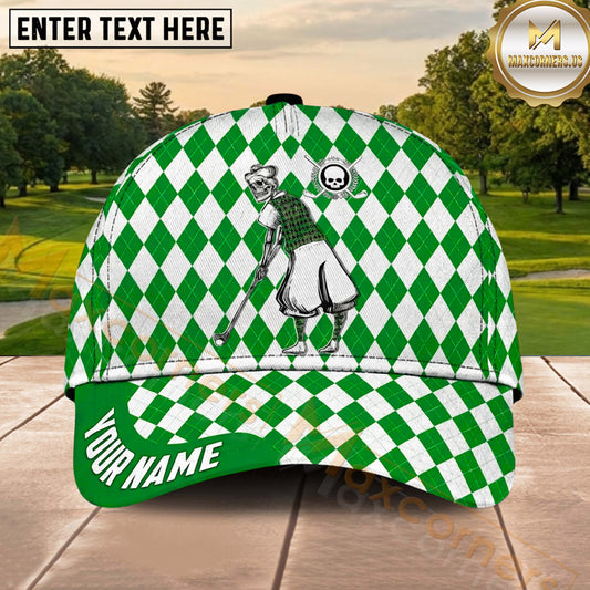 Maxcorners Golf Vintage Skeleton Golfer Argyle Pattern Personalized Name 3D Classic Cap