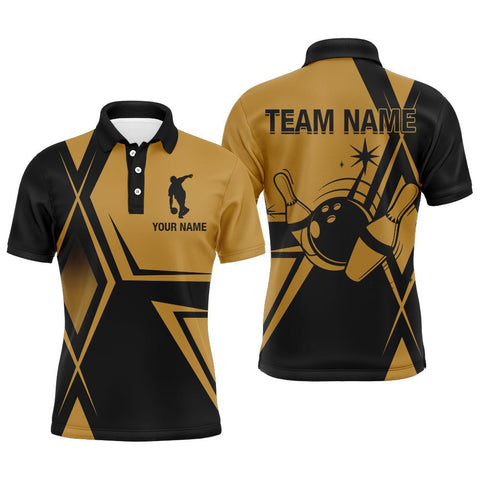 MaxCorners Bowling And Pins Black&Gold Bowling Jersey Customized Name And Team Name 3D Polo Shirt For Men