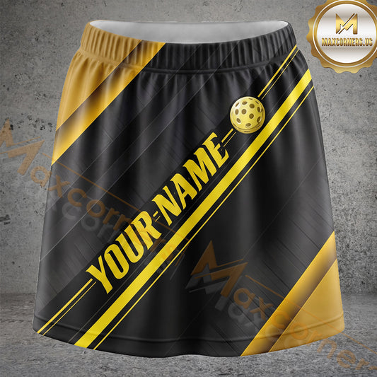 Maxcorners Pickleball Black Gold Diagonal Stripe Personalized 3D Skort, Skirts With Shorts