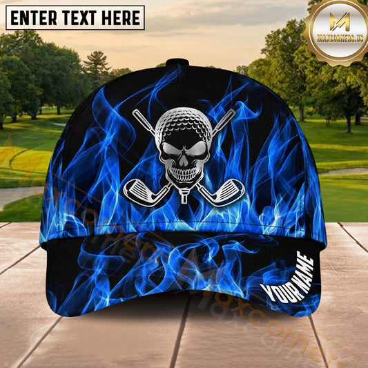 Maxcorners Golf Skull and Crossed Clubs Flame Pattern Personalized Name 3D Classic Cap