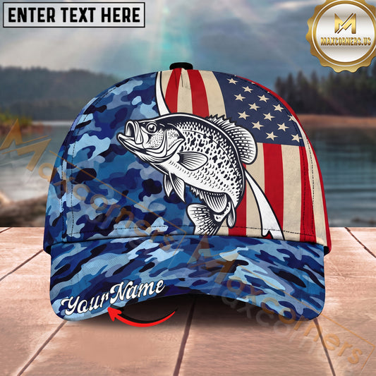 Maxcorners Fishing USA Flag Blue Camouflage Personalized Name 3D Cap (12 Fish Species)