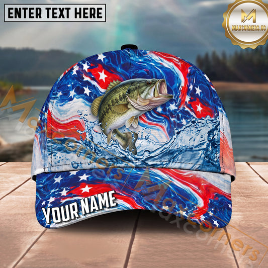Maxcorners Fishing Patriotic Red White Blue Wave Personalized Name 3D Cap (12 Fish Species)