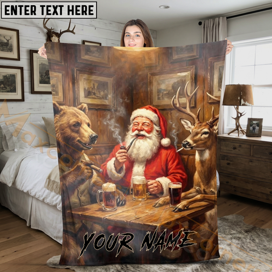 Maxcorners Humorous Santa Claus Bear and Deer Having Beer Personalized 3D Blanket