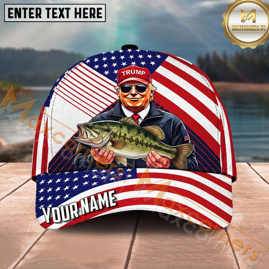 Maxcorners Fishing Patriotic Flag Angler Personalized Name 3D Cap (12 Fish Species)