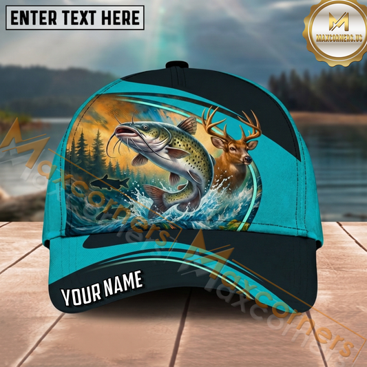 Maxcorners Fishing Deer Lake Outdoor Personalized Name 3D Cap (12 Fish Species)