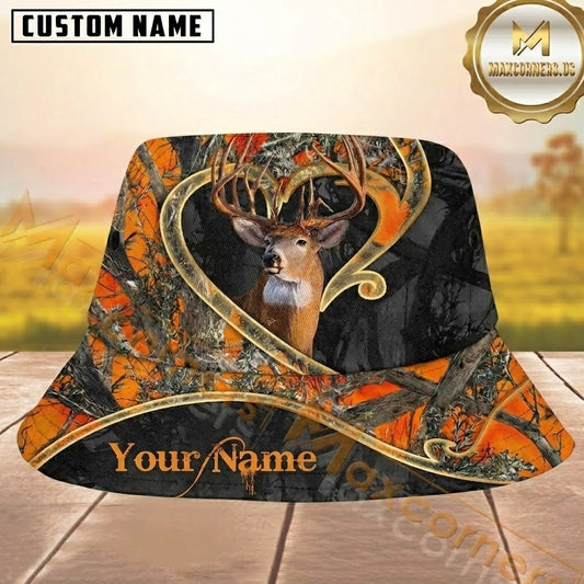 Maxcorners Buck Hunting Orange and Black Camo Gold Heart Personalized Name 3D Bucket Hat