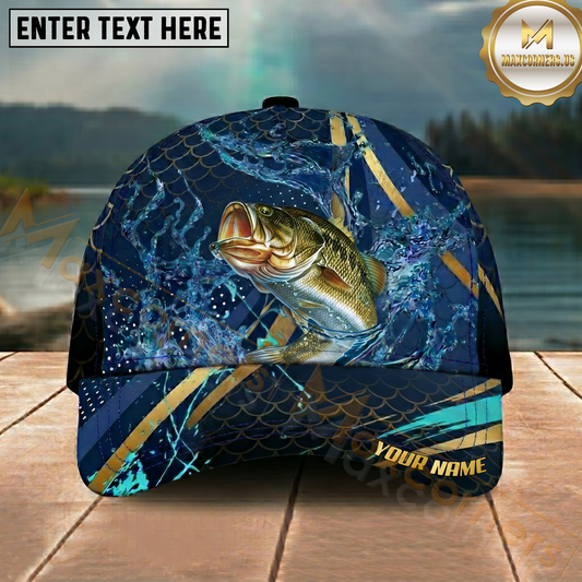 Maxcorners Fishing Luxury Gold Stripe Water Splash Design Personalized Name Classic 3D Cap (9 Breeds)
