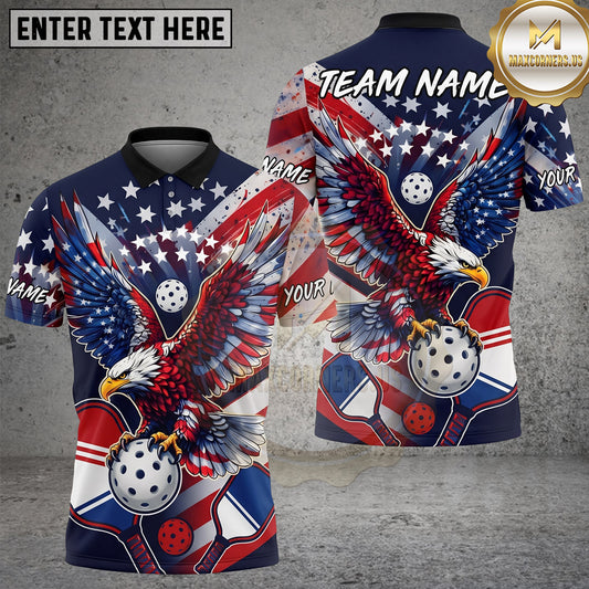 Maxcorners Pickleball Polo Patriotic Eagle American Flag Multiple Options Personalized Name, Team Name 3D Shirt