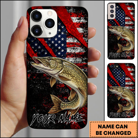 Maxcorners Fishing Pike American Flag Patriotic Grunge Personalized Name Phone Case