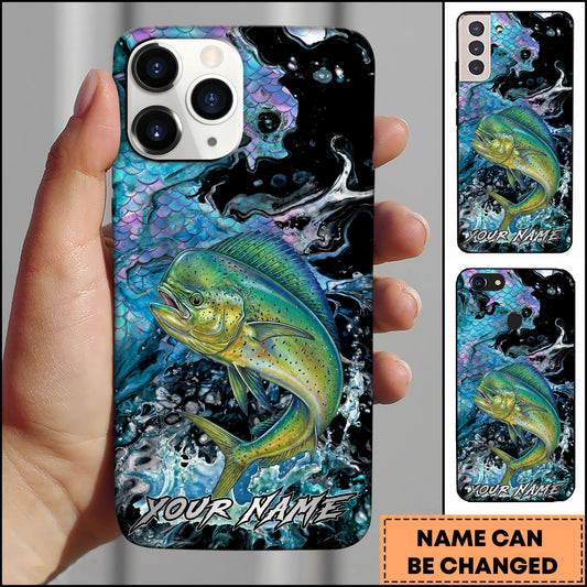 Maxcorners Mahi-Mahi Fishing Neon Scale Texture Water Splash Personalized Name Phone Case