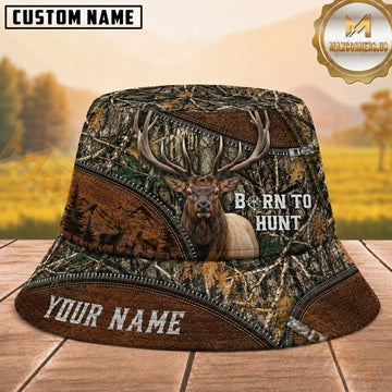 Maxcorners Elk Hunting Born to Hunt Brown Woodland Zipper Camouflage Personalized Name 3D Bucket Hat