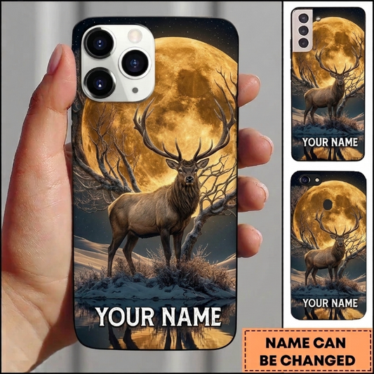 Maxcorners Hunting Majestic Elk Golden Full Moon Winter Night Customized Name Phone Case