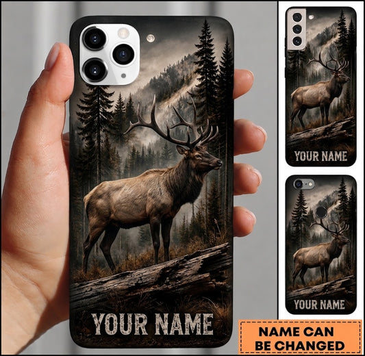 Maxcorners Hunting Elk Dark Misty Mountain Pine Forest Customized Name Phone Case
