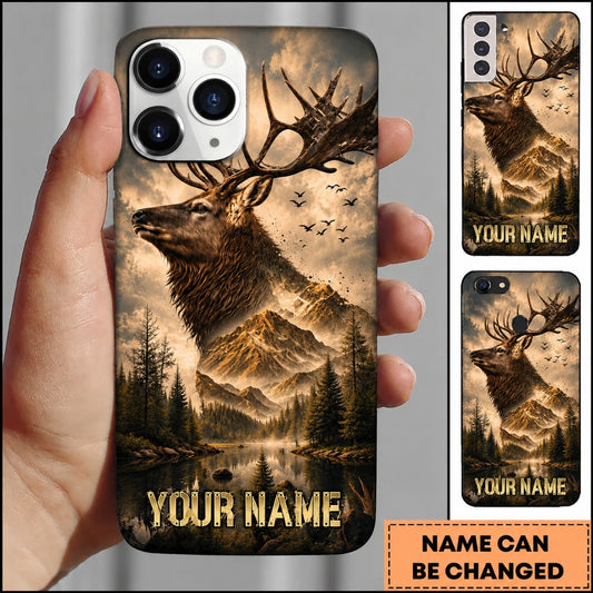 Maxcorners Hunting Elk Vintage Golden Mountain Forest Customized Name Phone Case
