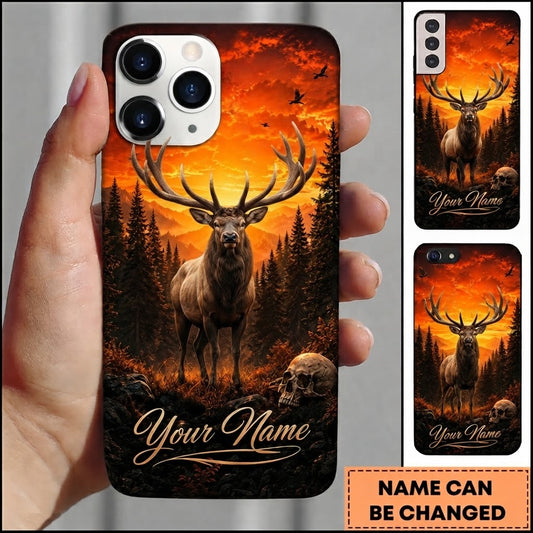 Maxcorners Hunting Majestic Elk Fiery Orange Sunset Mountain Forest Skull Customized Name Phone Case