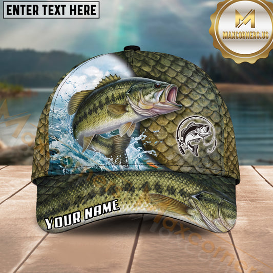 Maxcorners Fishing Olive Scale Wave Splash Circle Logo Personalized Name 3D Cap (12 Fish Species)
