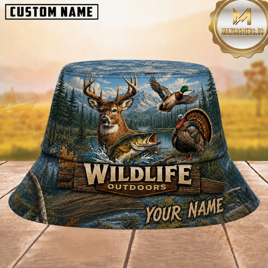 Maxcorners Hunting Wildlife Outdoor Blue Lake And Mountain Landscape Personalized Name 3D Bucket Hat