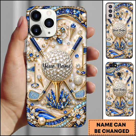 Maxcorners Golf Luxury 3D Rhinestone Club and Ball Motif Blue Personalized Phone Case