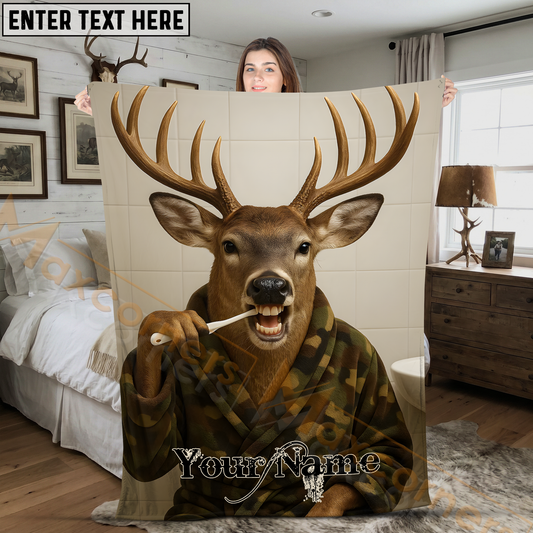Maxcorners Funny Whitetail Buck Deer Brushing Teeth in Bathrobe Personalized 3D Blanket
