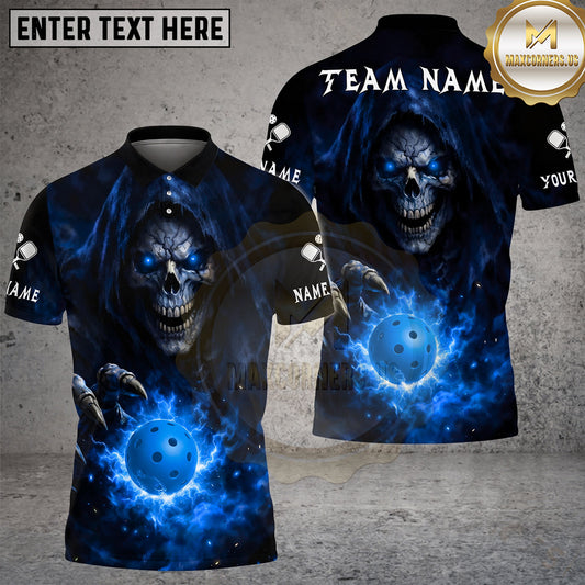 Maxcorners Pickleball Polo Silent Grim Reaper Fire Multiple Options Personalized Name, Team Name 3D Shirt