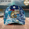 Maxcorners Fishing Texas Flag Ocean Wave Personalized Name 3D Cap (12 Fish Species)