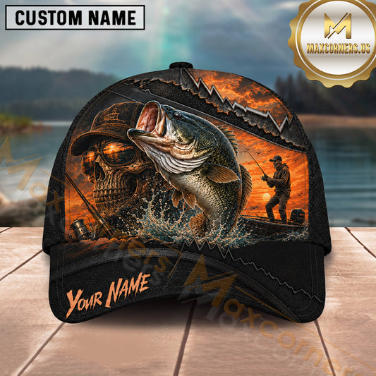 Maxcorners Fishing Epic Sunset Fishing Skull with Dramatic Angler and Boat Scene Personalized Name 3D Cap (13 Fish Species)