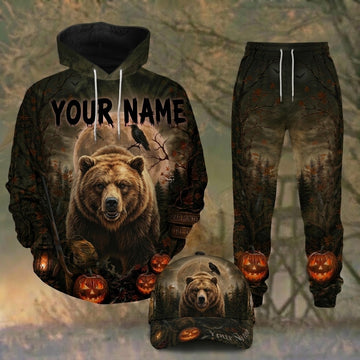 Maxcorners Hunting Halloween Bear Hunter Brown Forest Personalized 3D Combo Hoodie, Sweatpants Set & Cap